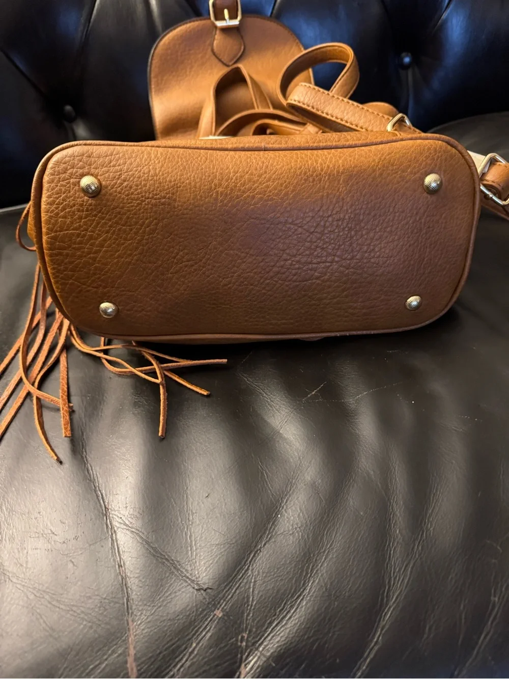 Autumn & Spring Fringe Drawstring Backpack - Cognac Leather